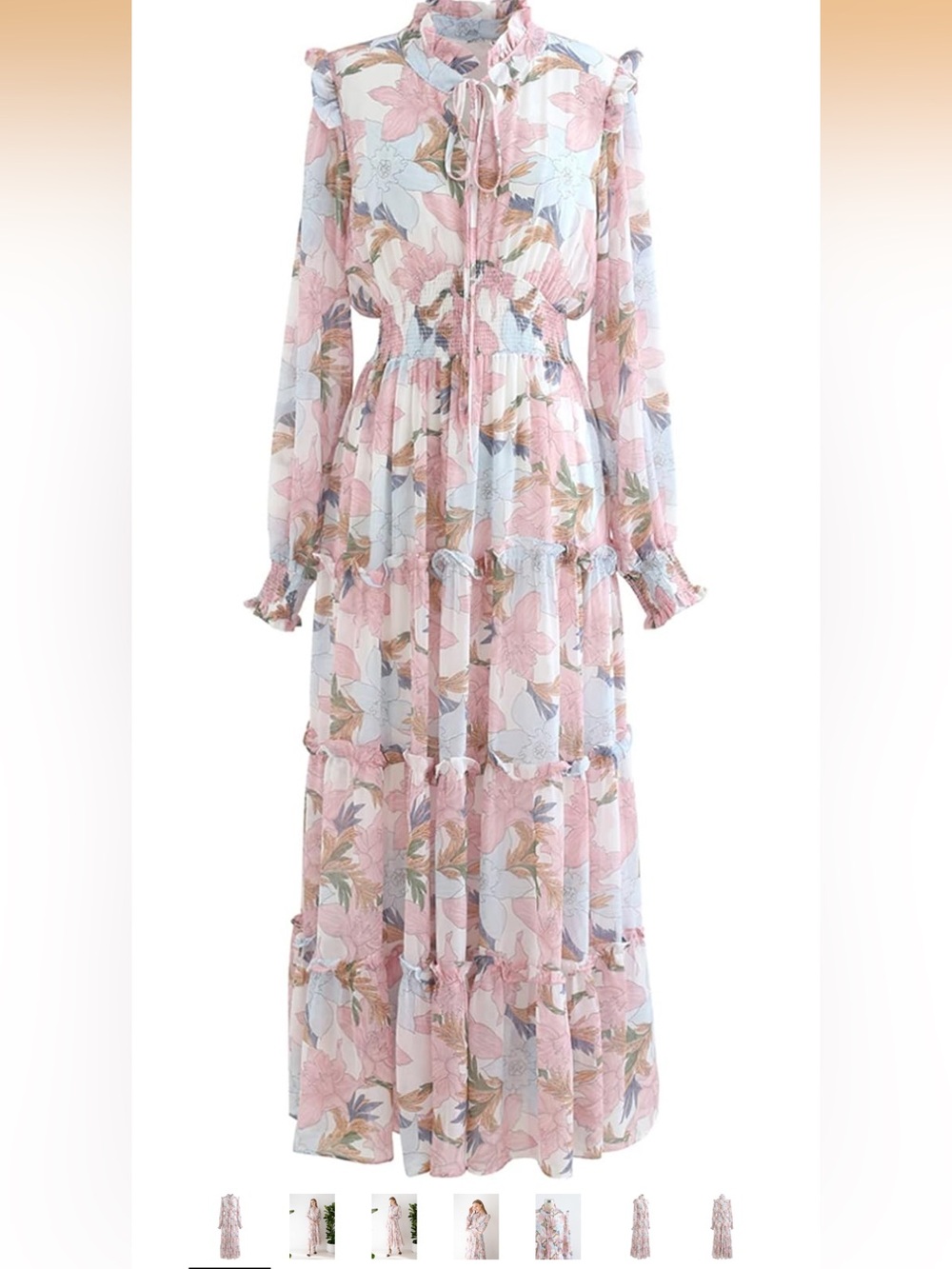 Chicwish Pink & Blue Floral Tie-Neck Ruffle Maxi Dress